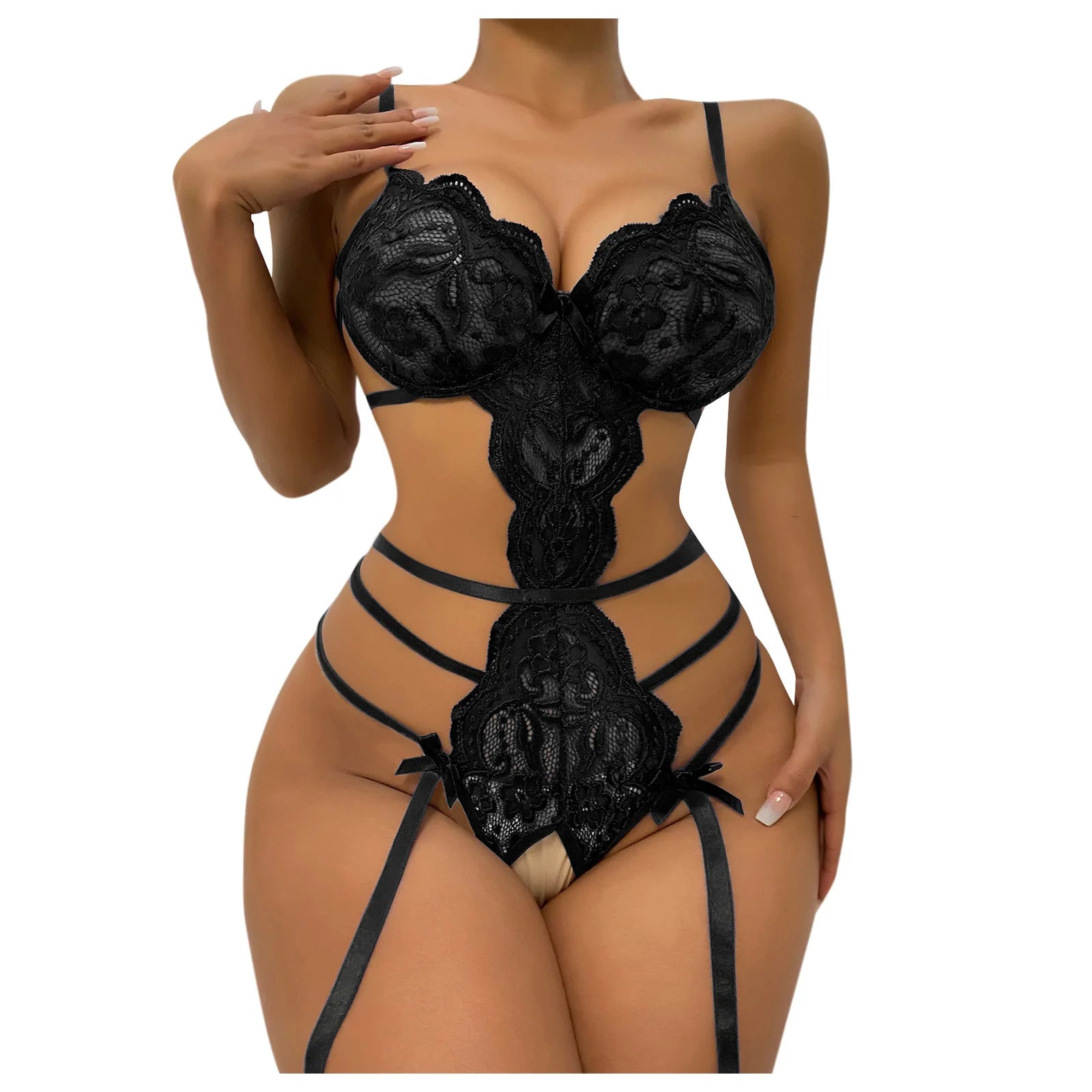 Ensemble de lingerie sexy en dentelle pour femme – Soutien-gorge à volants transparents et string taille haute à bretelles, sous-vêtements transparents élégants