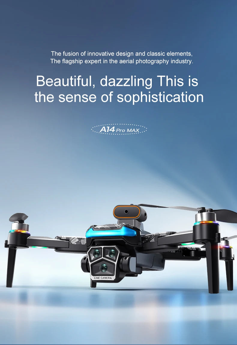 Véritable quadricoptère RC pliable A14 Pro Max GPS Brushless 8K avec trois caméras, détection d'obstacles et écran, pour une portée optimale.