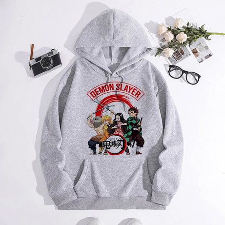 Japanese Anime Demon Slayer Hoodie Unisex Kamado Tanjirou Graphic Sweatshirts Greys Y2k Harajuku Fashion Cartoon Pullover Winter