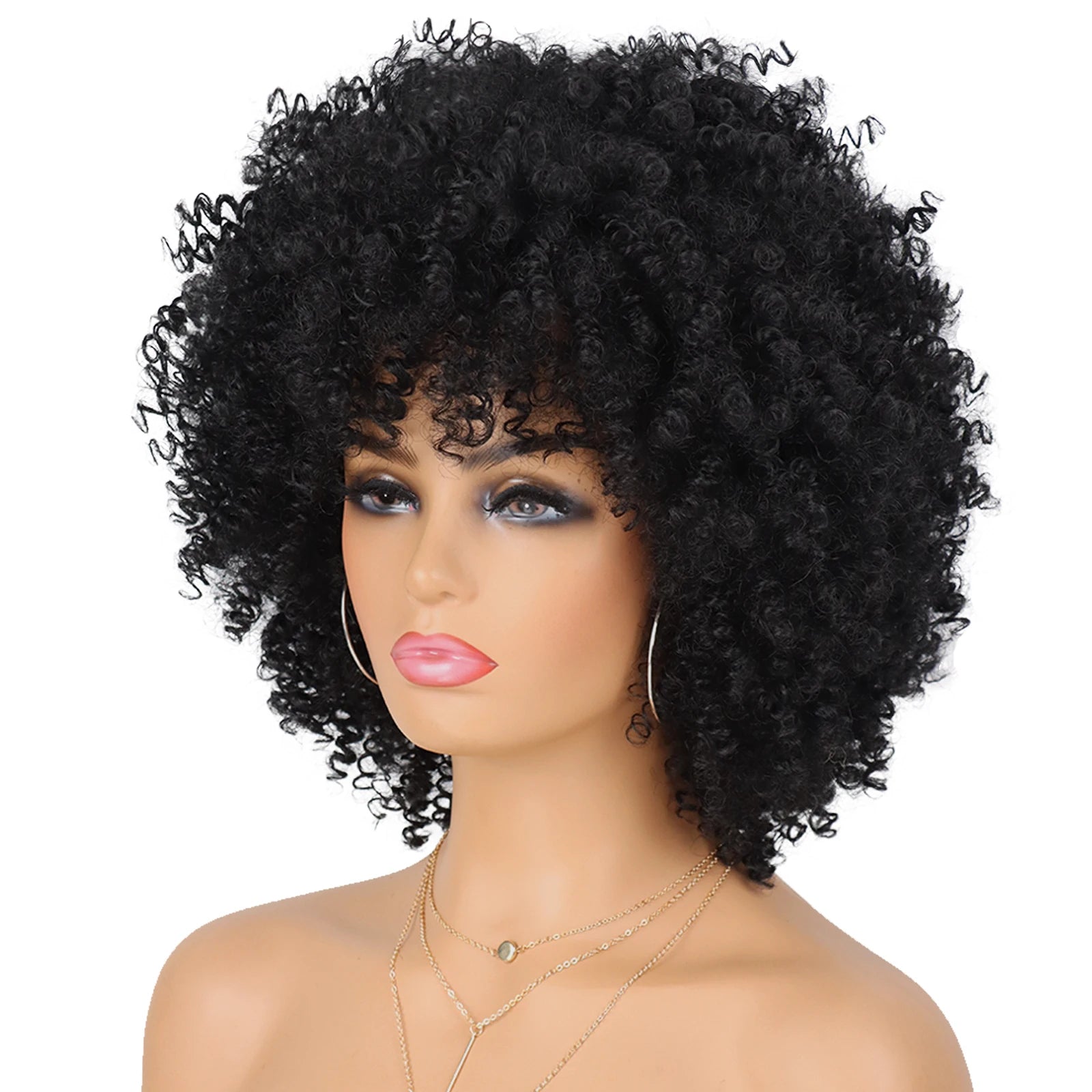 Perruque synthétique afro courte et frisée avec frange, 30 cm, pour femmes noires. Naturelle, sans colle, résistante à la chaleur, idéale pour les soirées et les fêtes.