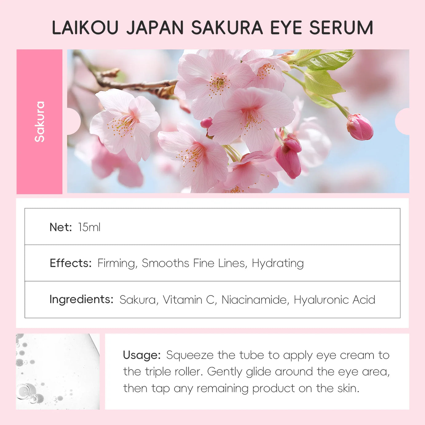 LAIKOU Sakura Eye Serum Roller Massage con ácido hialurónico para el cuidado de la piel, bolsas en los ojos, crema hidratante para ojeras 15 ml