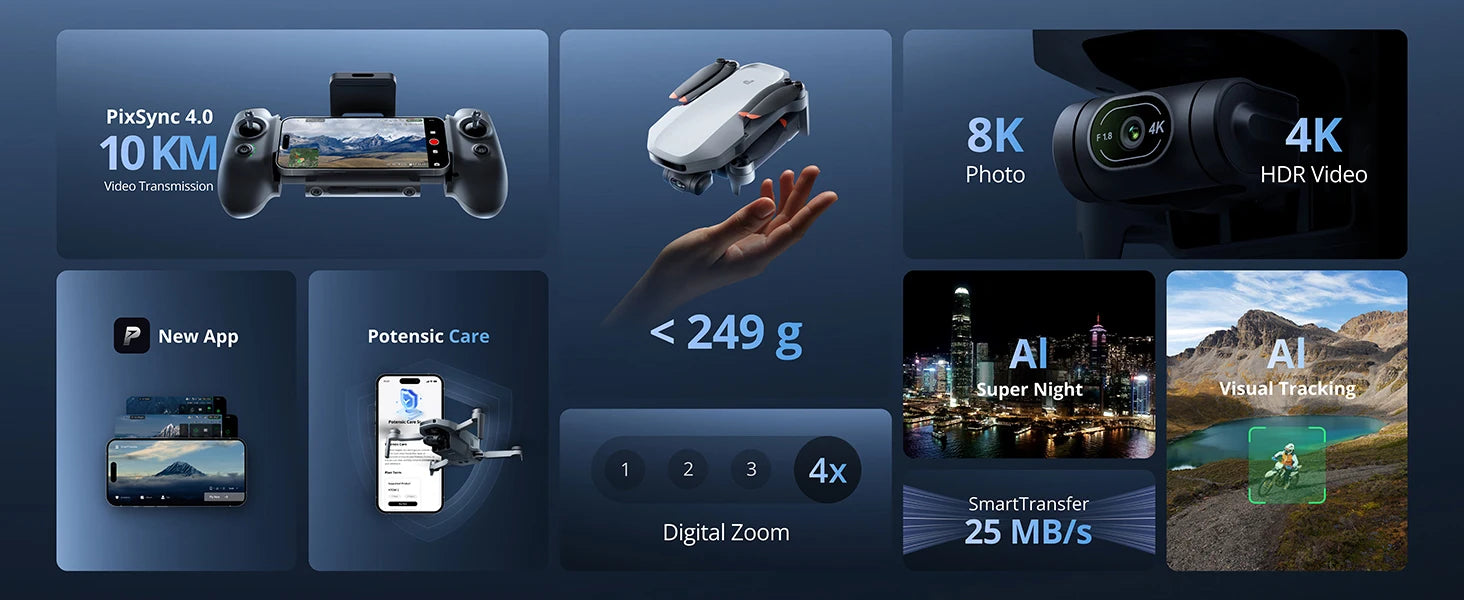 Drone Potensic ATOM 2 avec caméra, vidéo 4K HDR, photo 8K, nacelle 3 axes, moins de 249 g, prise de vue verticale, portée de 10 km, mode nuit IA, suivi IA