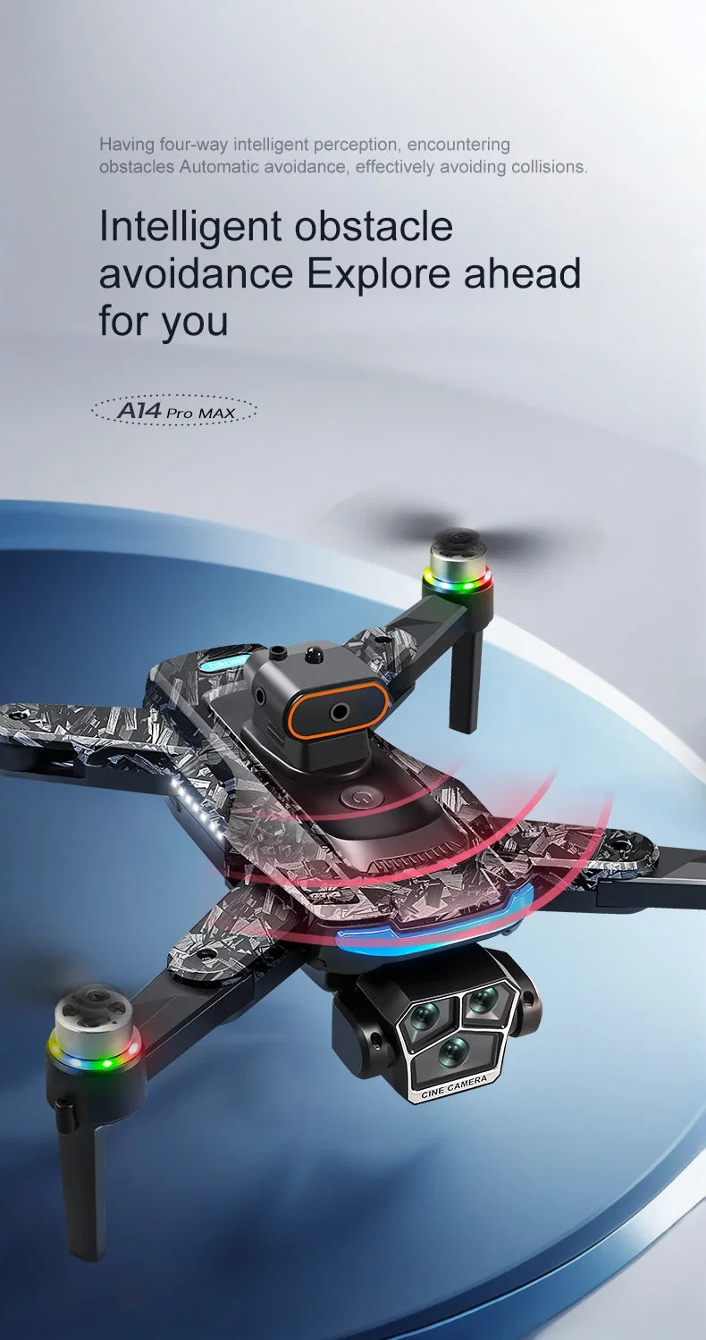 Véritable quadricoptère RC pliable A14 Pro Max GPS Brushless 8K avec trois caméras, détection d'obstacles et écran, pour une portée optimale.