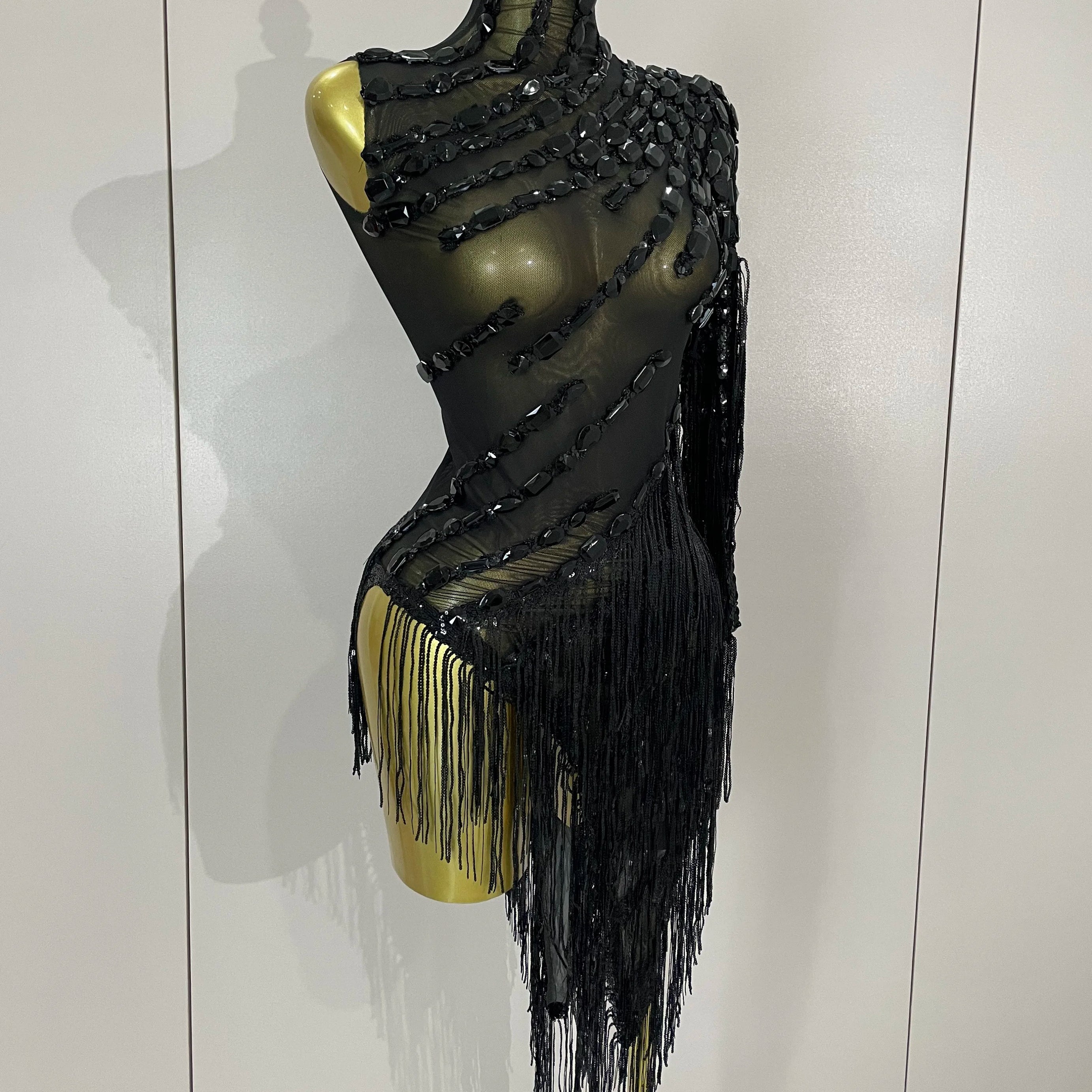 New Stage Costume Sparkly Rhinestones Tassel Sexy See-Through Dress Women One Shoulder Latin Dance Bars Nightclub Party Outfits