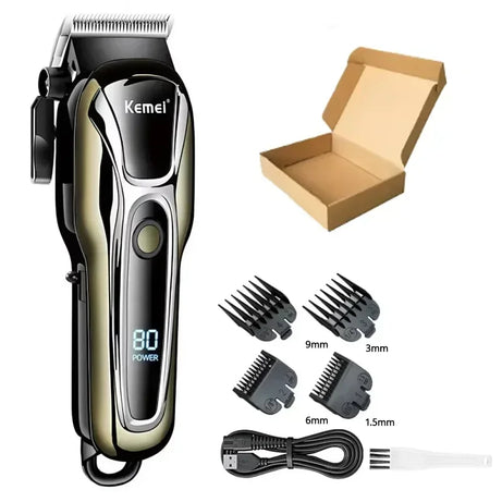 Tondeuse à cheveux rechargeable Kemei PG1990A avec peignes de guidage, professionnelle et sans fil, pour hommes. Appareil de coupe de cheveux pour hommes.
