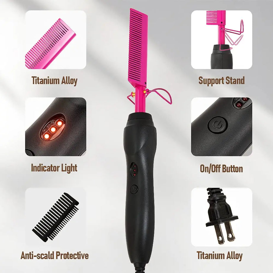 Peigne chauffant électrique rose, fer à lisser pour cheveux, barbe et perruques, utilisable sur cheveux secs ou mouillés.