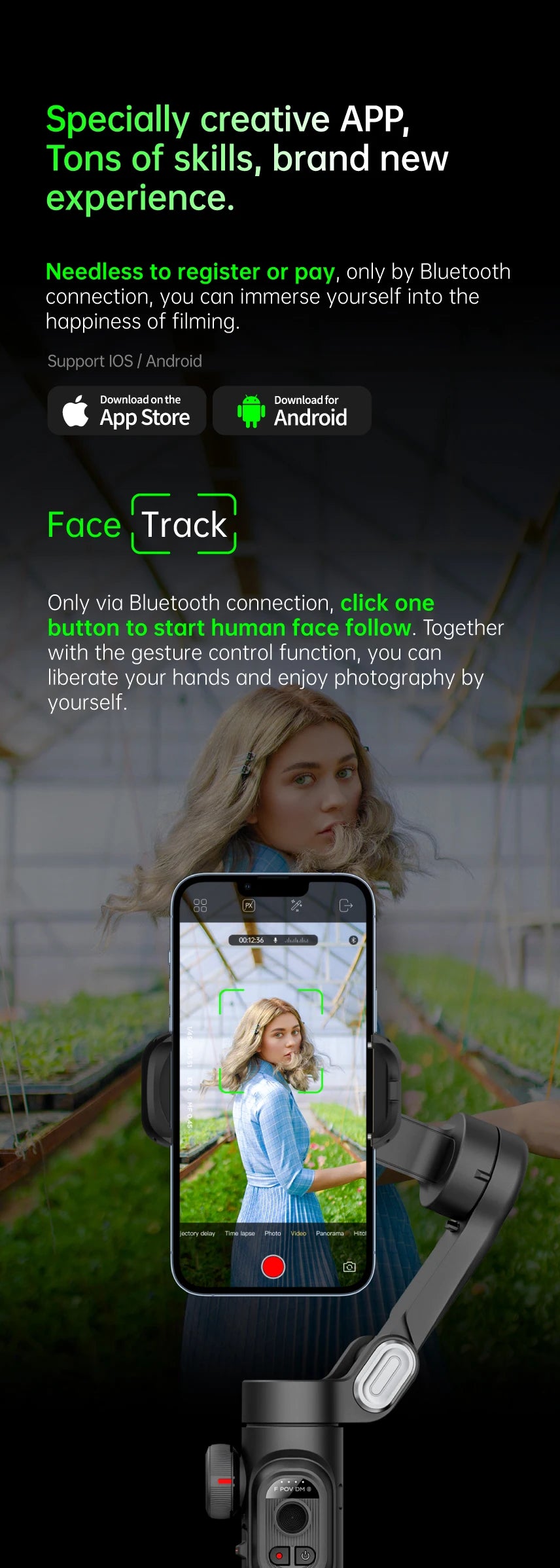 Stabilisateur à cardan 3 axes pour smartphone, pliable, portable, pour l'enregistrement vidéo, les vlogs et les appareils Android. Stabilisateur anti-tremblement PTZ pour iPhone et Android.
