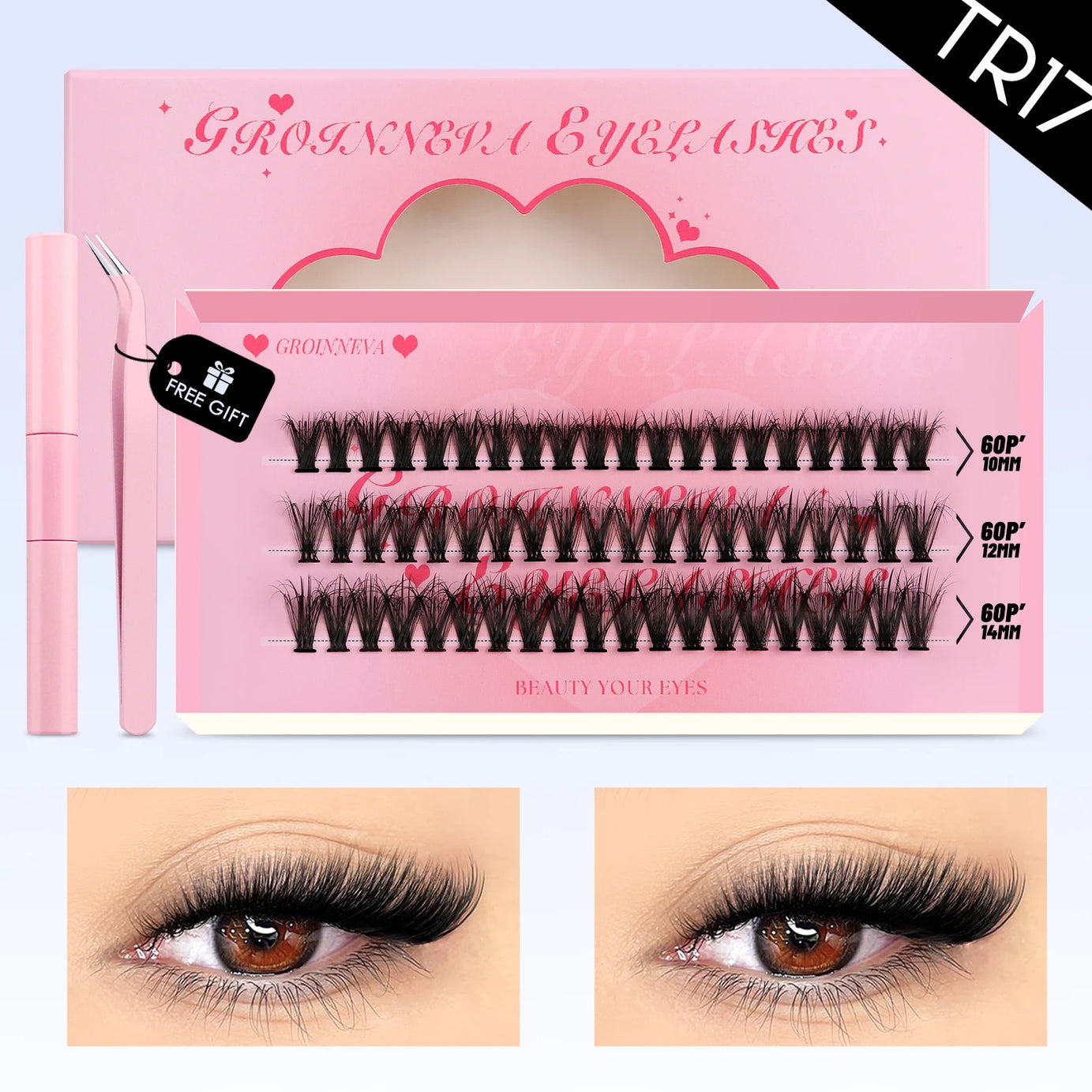 Kit de faux cils GROINNEYA avec patchs waterproof à tenue forte, kit d'extension de cils à faire soi-même, colle et fixateur, pince à épiler et maquillage.