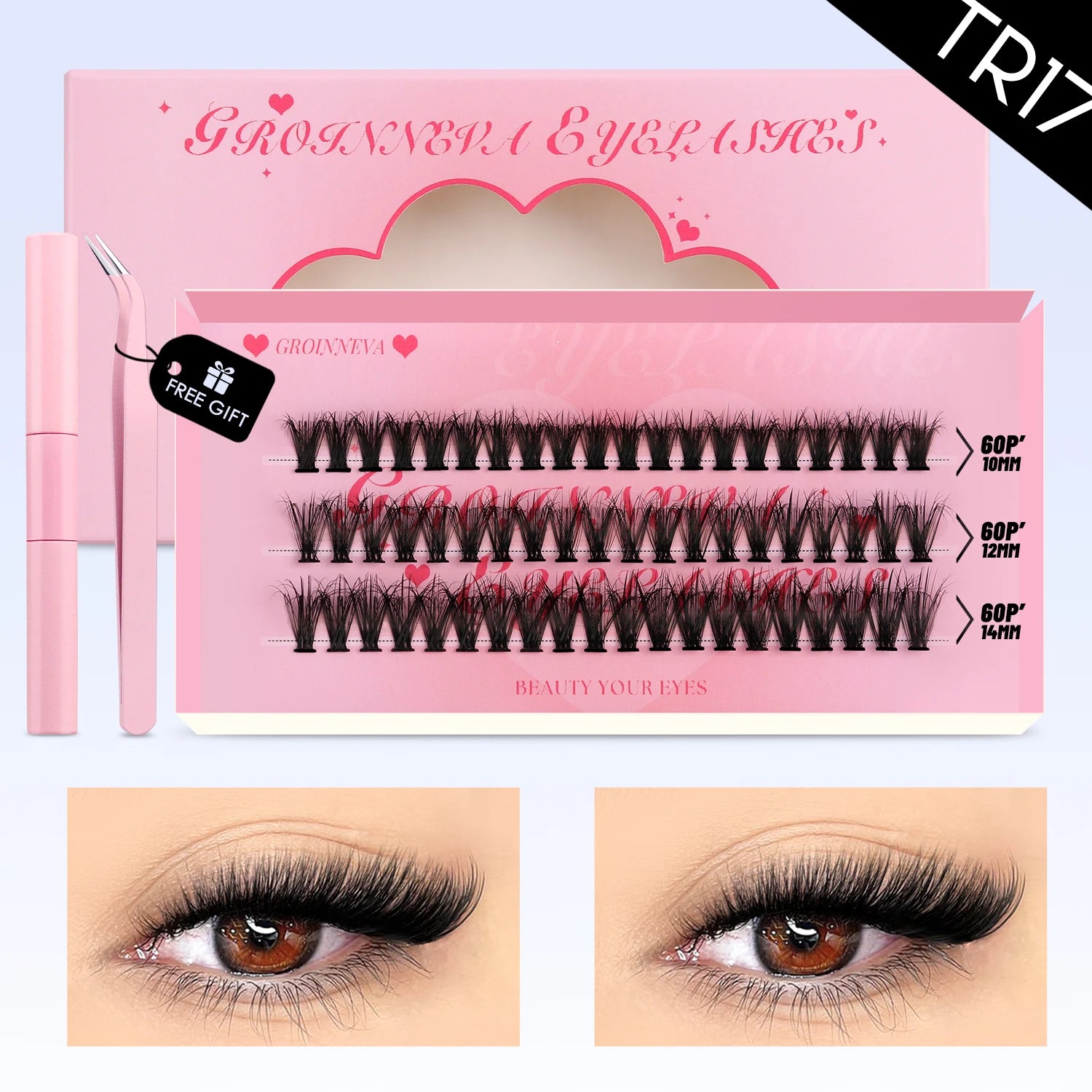 Kit de faux cils GROINNEYA avec patchs waterproof à tenue forte, kit d'extension de cils à faire soi-même, colle et fixateur, pince à épiler et maquillage.