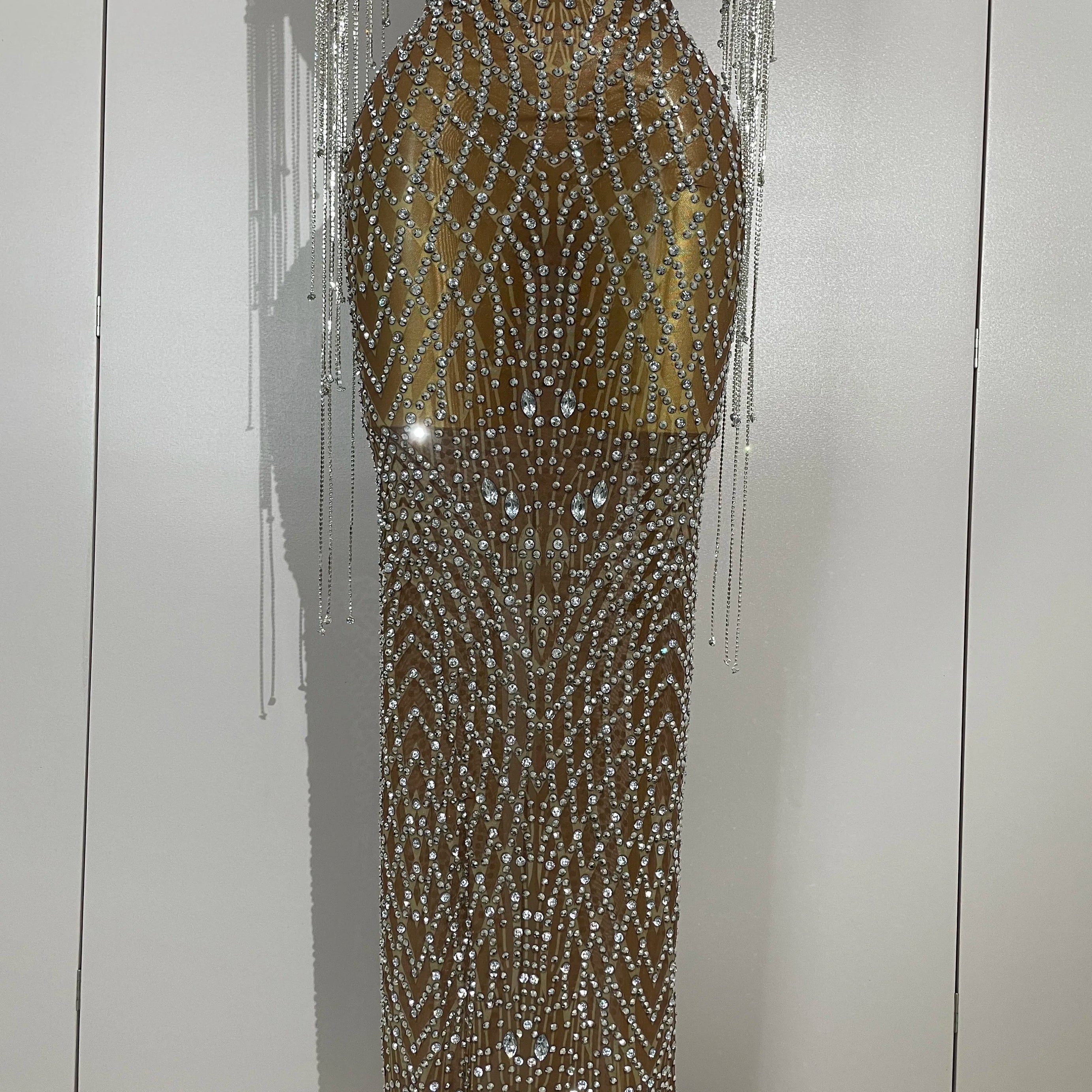 Luxery Sparkly Rhinestones Tassel Transparent Mesh Stretch Long Dress Women Evening Celebrate Birthday Dress Sexy Stage Costumes