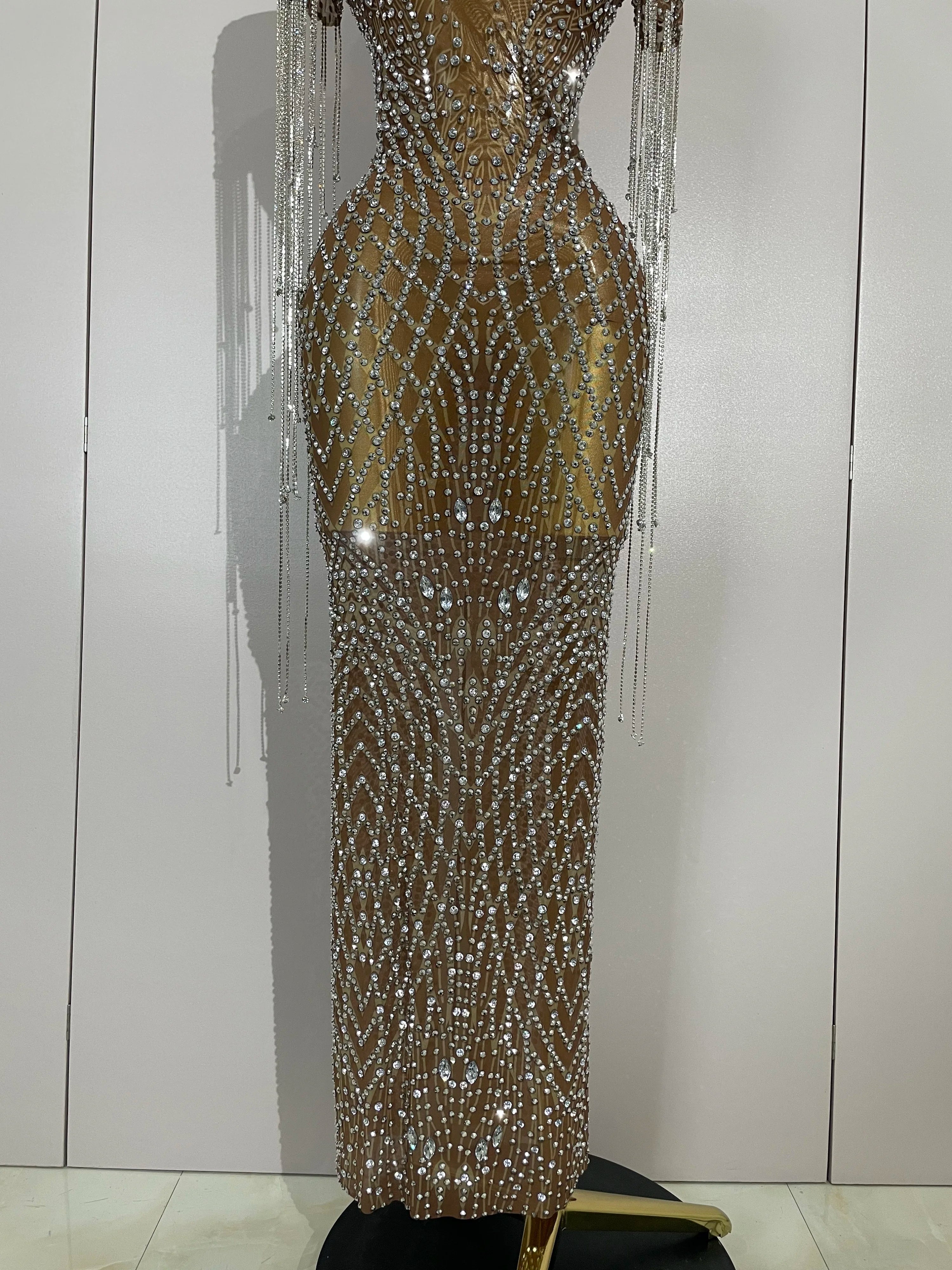 Luxery Sparkly Rhinestones Tassel Transparent Mesh Stretch Long Dress Women Evening Celebrate Birthday Dress Sexy Stage Costumes