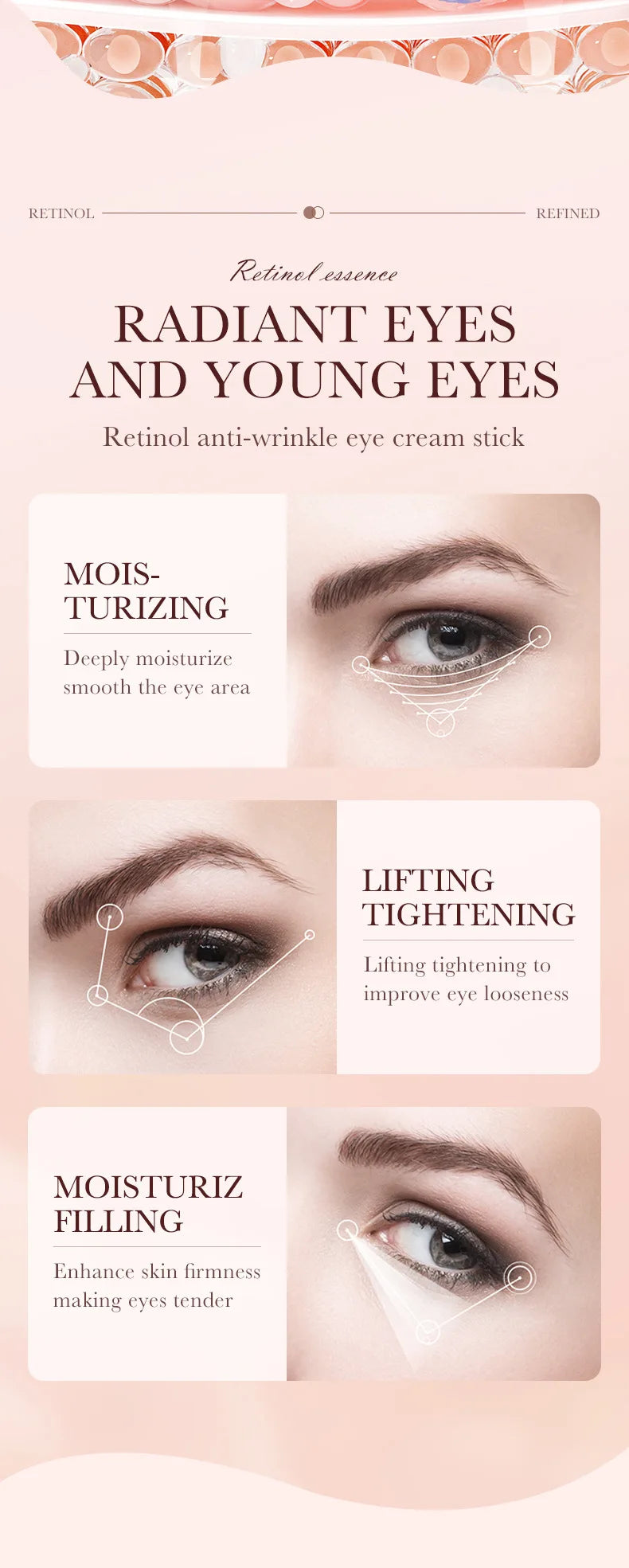 Crema de contorno de ojos con retinol en barra para eliminar ojeras, hidratar, reafirmar e iluminar la piel del contorno de ojos.