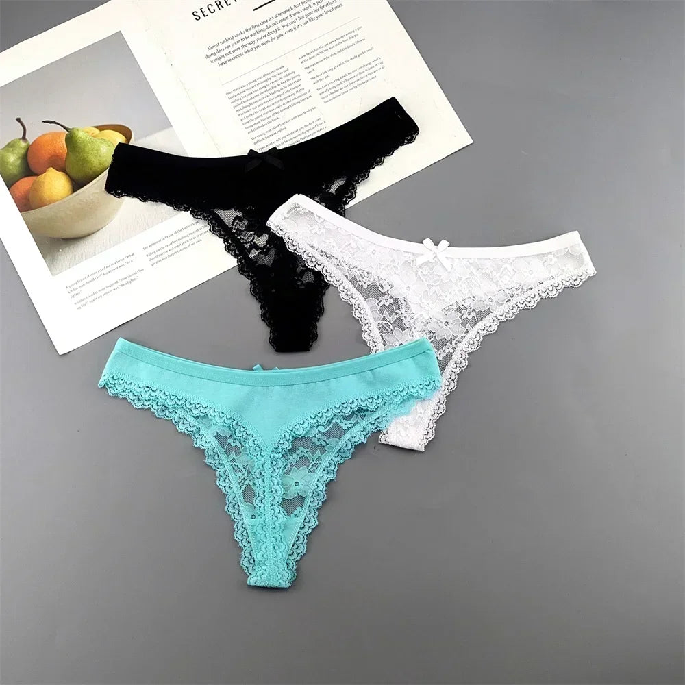 Lot de 3 culottes string sexy en dentelle transparente pour femme, sans coutures, style bikini, taille basse, tailles S à XXL