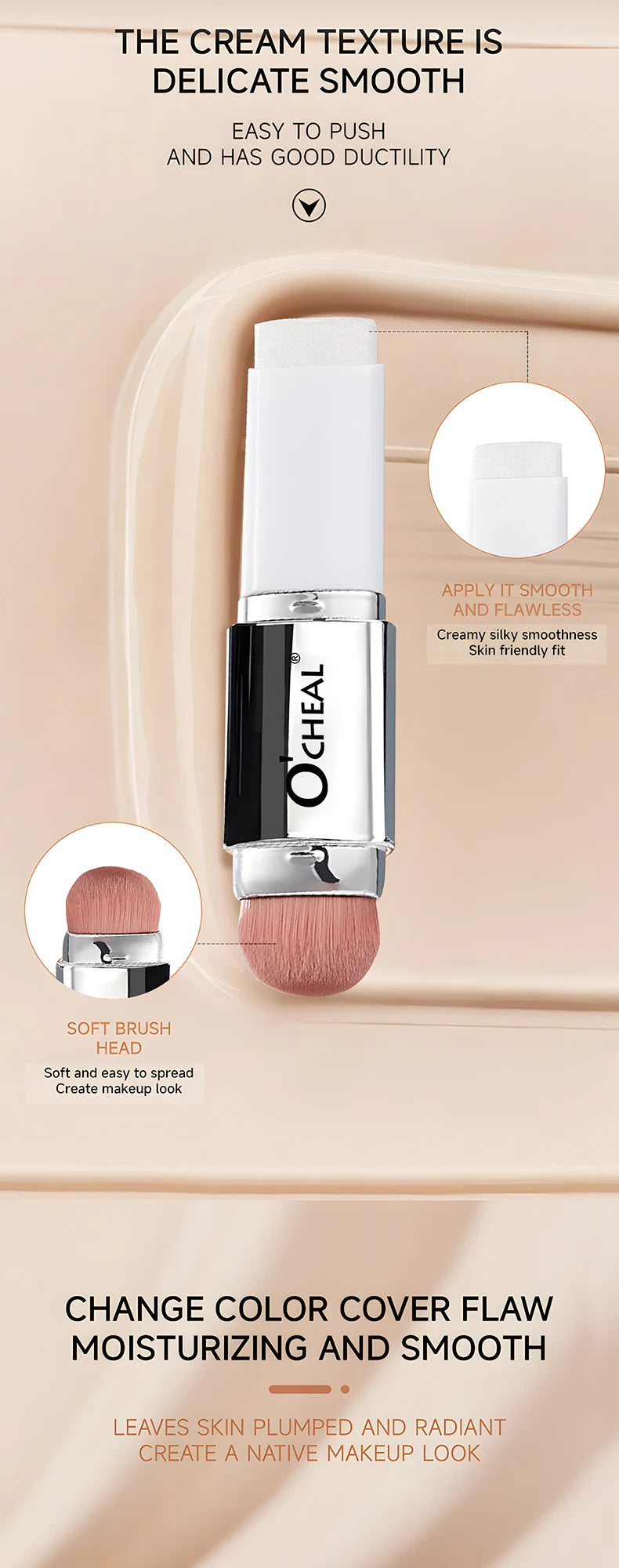 Fond de teint stick thermosensible O'CHEAL, couvrance du visage, imperfections et pores, double embout, fini mat.