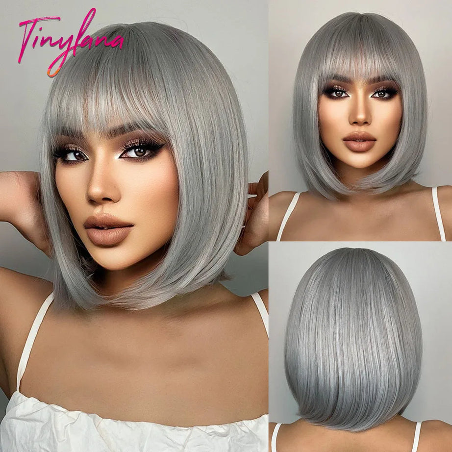 Perruque synthétique blanche, blonde et grise avec frange, coupe courte et lisse, idéale pour le cosplay et le quotidien. Cheveux naturels et résistants à la chaleur.