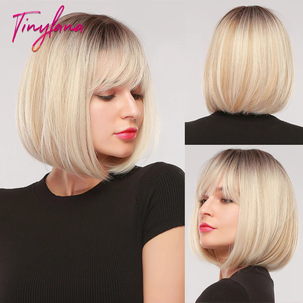 Perruque synthétique blanche, blonde et grise avec frange, coupe courte et lisse, idéale pour le cosplay et le quotidien. Cheveux naturels et résistants à la chaleur.