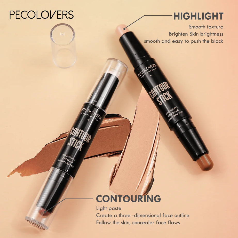 Stick contouring avec correcteur et illuminateur double embout pour un effet 3D sur l'arête du nez et un visage en V.