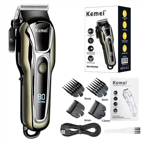 Tondeuse à cheveux rechargeable Kemei PG1990A avec peignes de guidage, professionnelle et sans fil, pour hommes. Appareil de coupe de cheveux pour hommes.