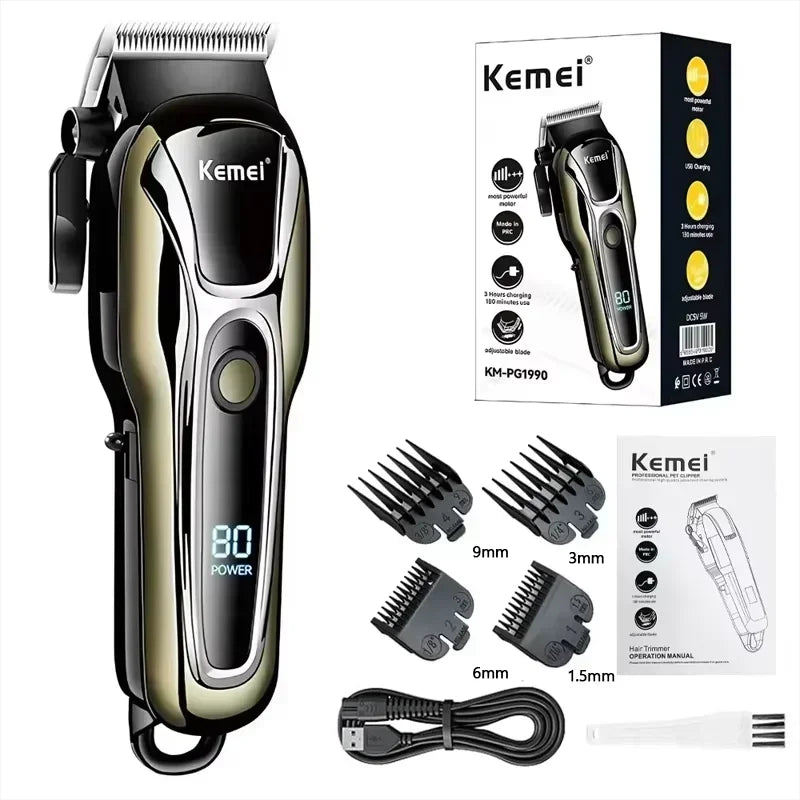 Tondeuse à cheveux rechargeable Kemei PG1990A avec peignes de guidage, professionnelle et sans fil, pour hommes. Appareil de coupe de cheveux pour hommes.