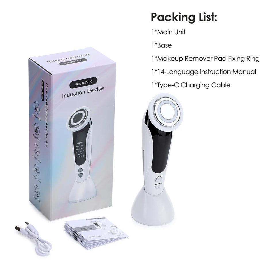 Appareil de massage facial EMS 7 en 1, instrument de beauté pour le visage avec vibrations induites, compresses chaudes et thérapie par la lumière LED.