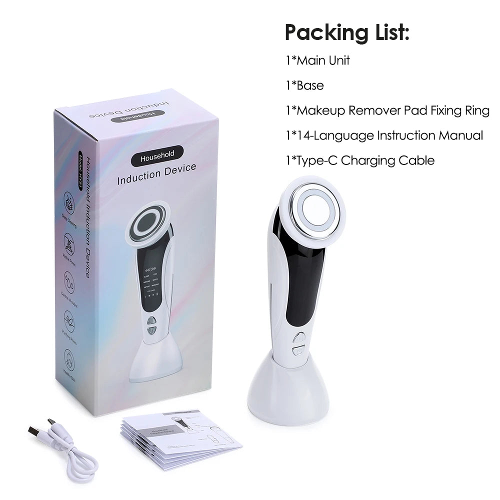 Appareil de massage facial EMS 7 en 1, instrument de beauté pour le visage avec vibrations induites, compresses chaudes et thérapie par la lumière LED.