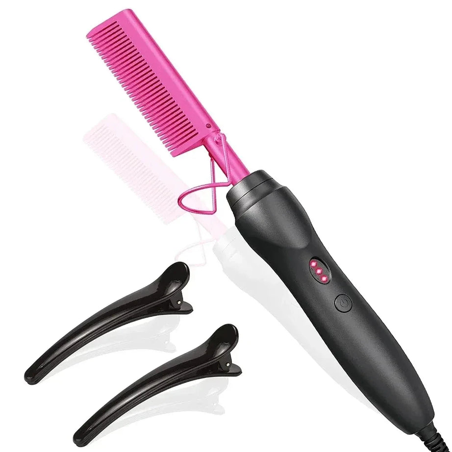 Peigne chauffant électrique rose, fer à lisser pour cheveux, barbe et perruques, utilisable sur cheveux secs ou mouillés.