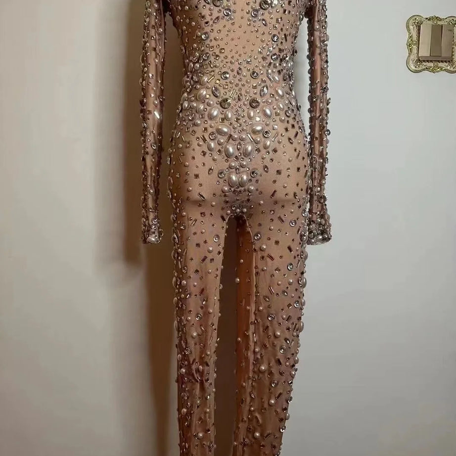 Sparkly Rhinestones Stretch Transparent Jumpsuit Evening Birthday Celebrate Outfit Sexy Dancer Bodysuit Leggings