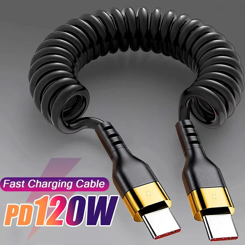 PD 120W Quick Charging Dual Type C Spring Cables For IPhone 15 Huawei Realme Type C To Type C Retractable Fast Charge Data Cord
