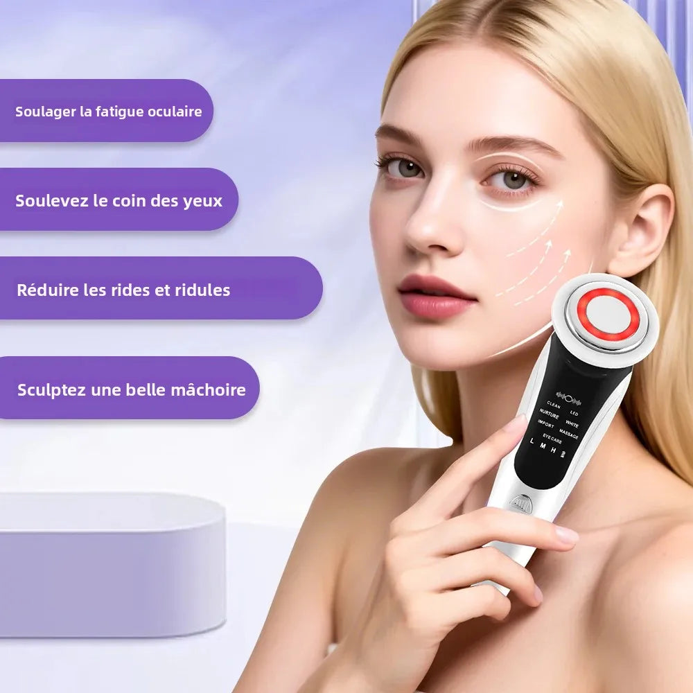Appareil de massage facial EMS 7 en 1, instrument de beauté pour le visage avec vibrations induites, compresses chaudes et thérapie par la lumière LED.