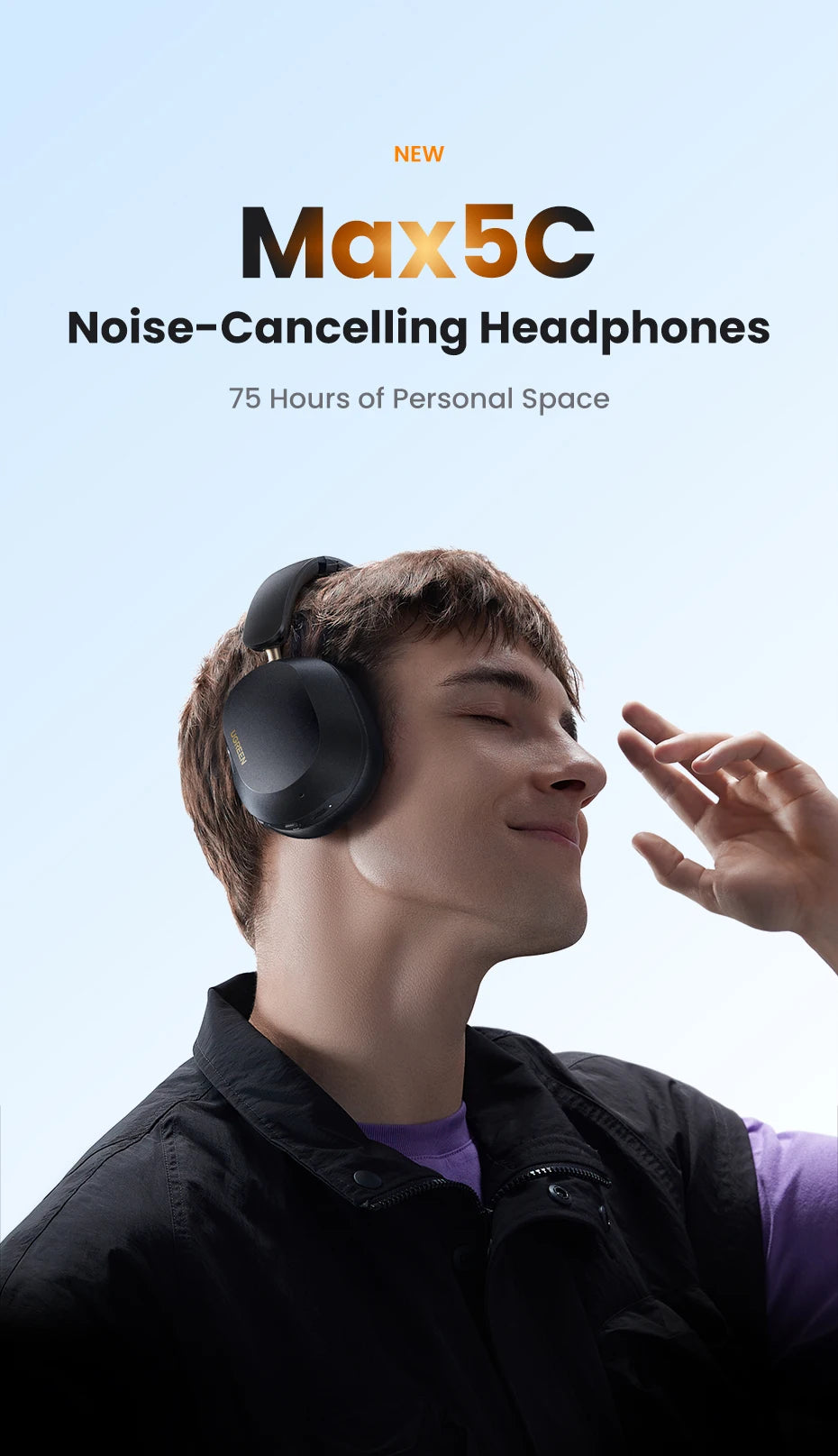 Écouteurs sans fil Bluetooth UGREEN Max5c avec réduction de bruit active ANC 43 dB, audio spatial haute résolution LDAC 75 Hz.