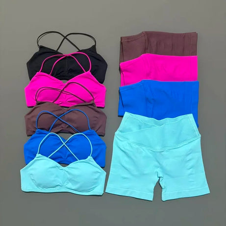 Ensemble de sport HISTELLO Vision 2 pièces pour femme : soutien-gorge de yoga à bretelles, short froncé, tenue de fitness et ensemble de yoga sans coutures.