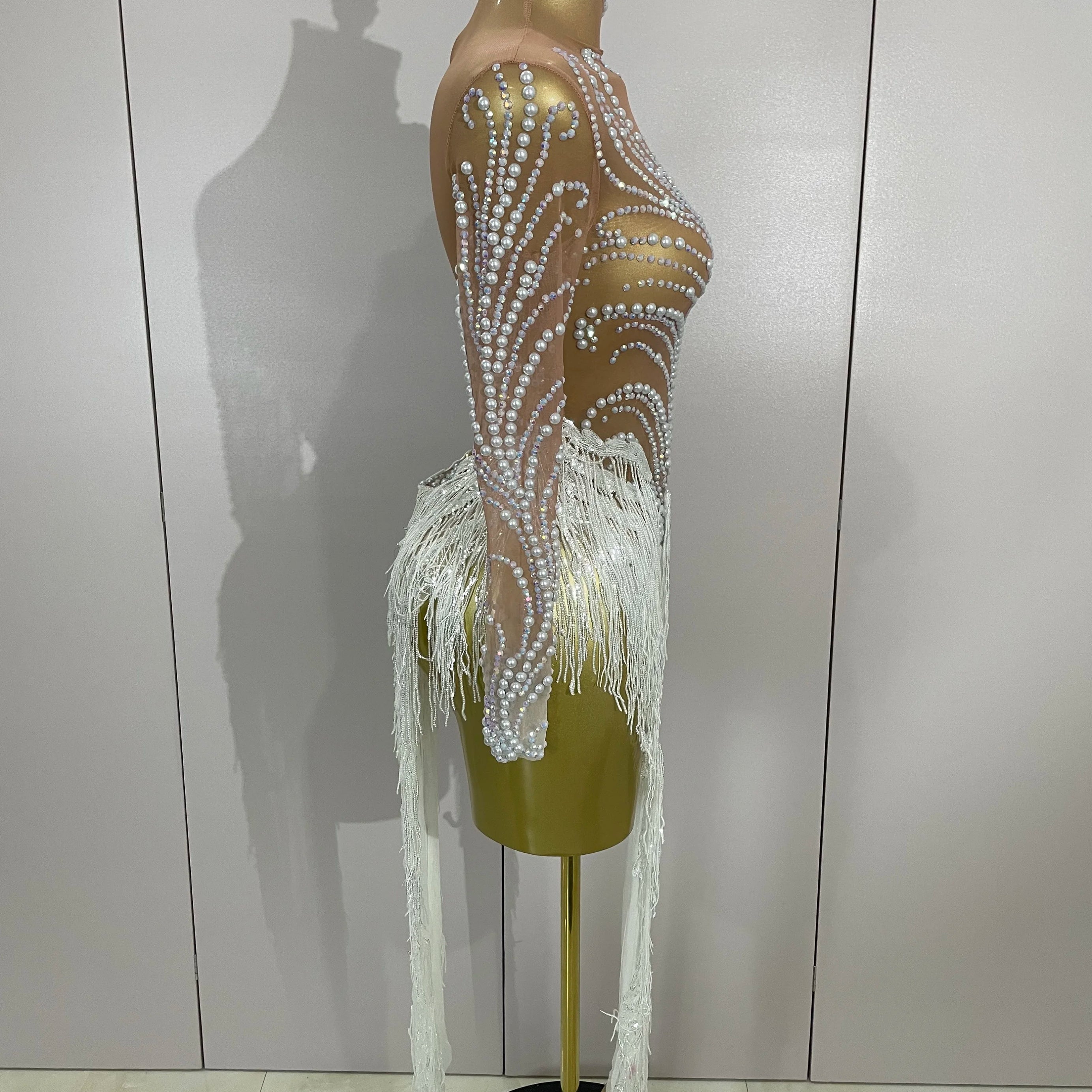 Women Sparkly Rhinestone Pearl Sequins Tassel Sexy Transparent Dress Evening Birthday Party Nightclub Dance Singer Stage Outfit