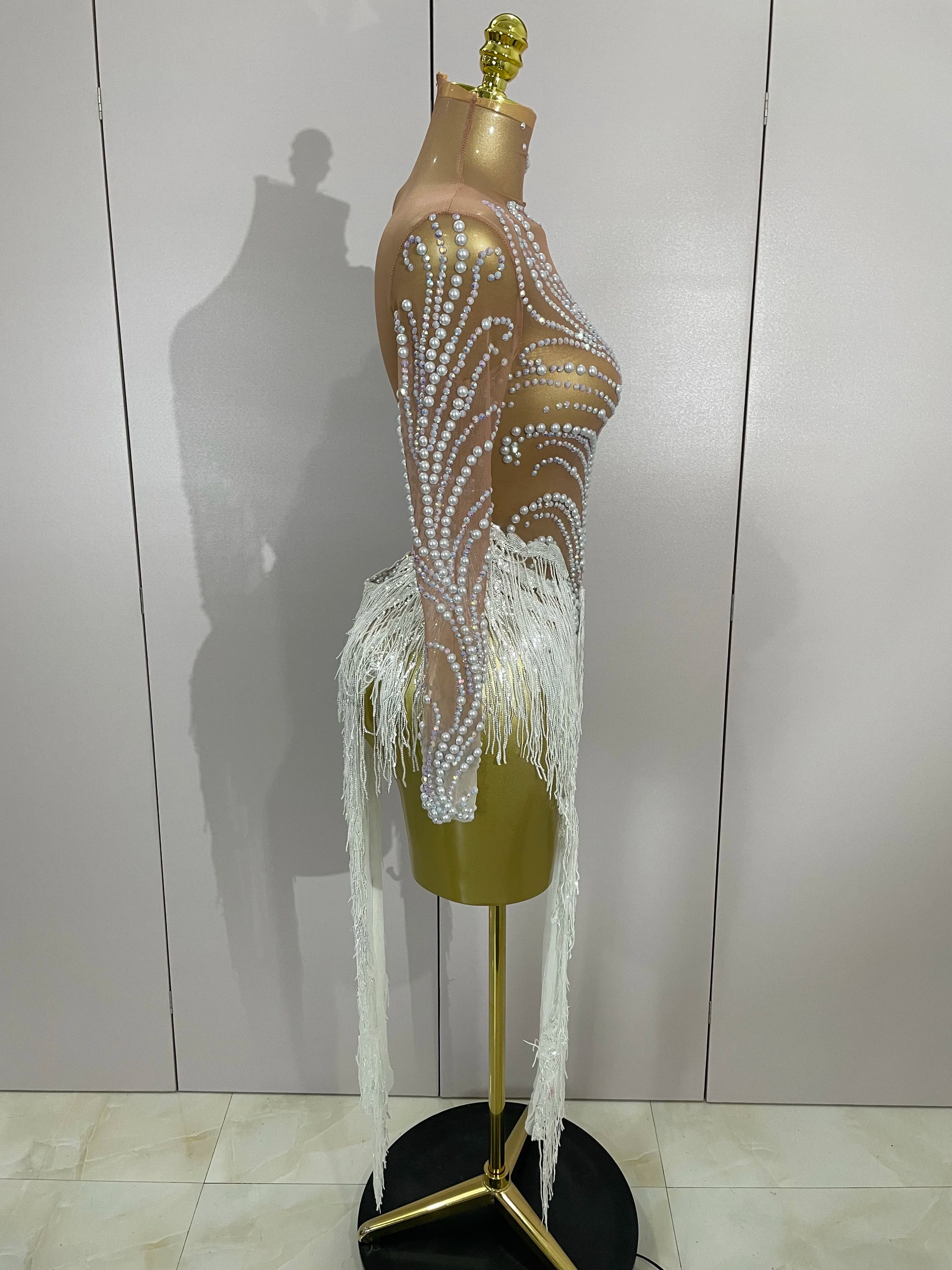 Women Sparkly Rhinestone Pearl Sequins Tassel Sexy Transparent Dress Evening Birthday Party Nightclub Dance Singer Stage Outfit