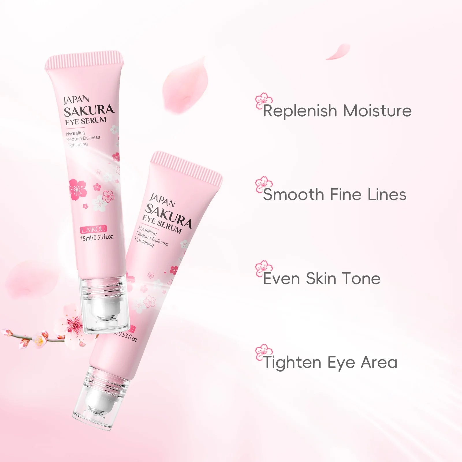 LAIKOU Sakura Eye Serum Roller Massage con ácido hialurónico para el cuidado de la piel, bolsas en los ojos, crema hidratante para ojeras 15 ml