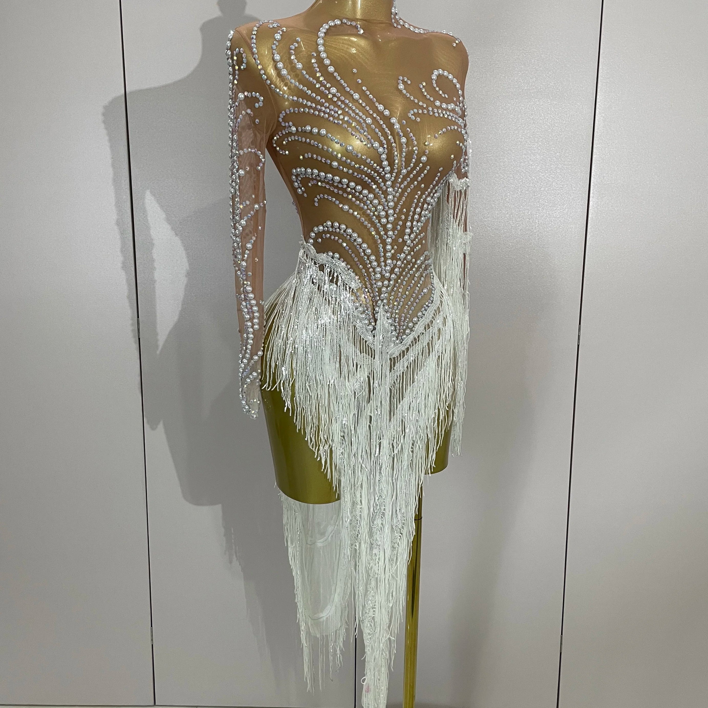 Women Sparkly Rhinestone Pearl Sequins Tassel Sexy Transparent Dress Evening Birthday Party Nightclub Dance Singer Stage Outfit