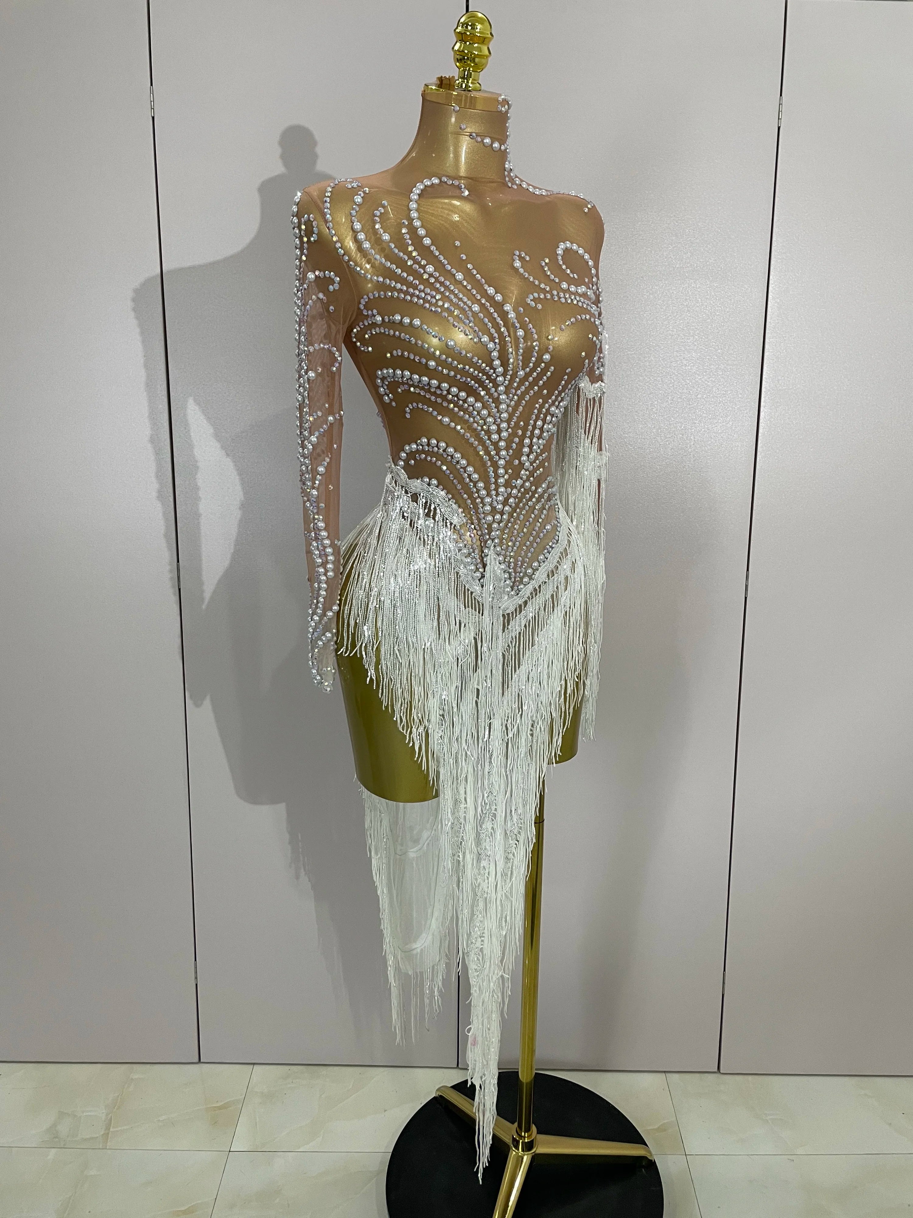 Women Sparkly Rhinestone Pearl Sequins Tassel Sexy Transparent Dress Evening Birthday Party Nightclub Dance Singer Stage Outfit