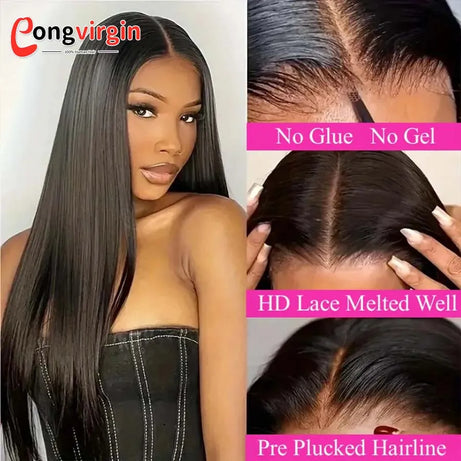Perruque 5x5 sans colle, cheveux humains, prête à porter, dentelle prédécoupée, perruque lisse à lace front pour femmes