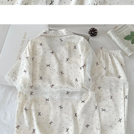 New Korean-Style Elegant Young Ladies' Pyjamas Summer New Arrival Short-Sleeved Polka Dot Bow Ice Silk Pyjama Set Homewear Set