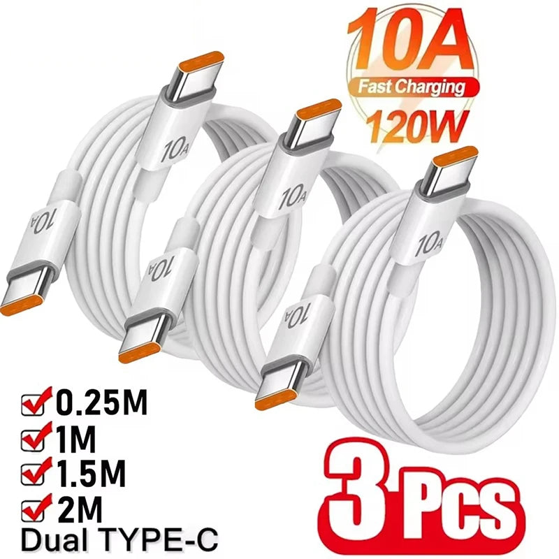1/3 piezas Cable de 10 A 120 W Carga súper rápida Cable Tipo C a Tipo C Transferencia de datos de alta velocidad para iPhone Samsung Xiaomi Cable cargador