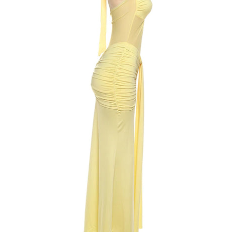 Robe maxi élégante patchwork pour femme, style classique et sexy, avec rubans transparents, dos nu et bretelles fines, coupe moulante, tendance festival et soirée.