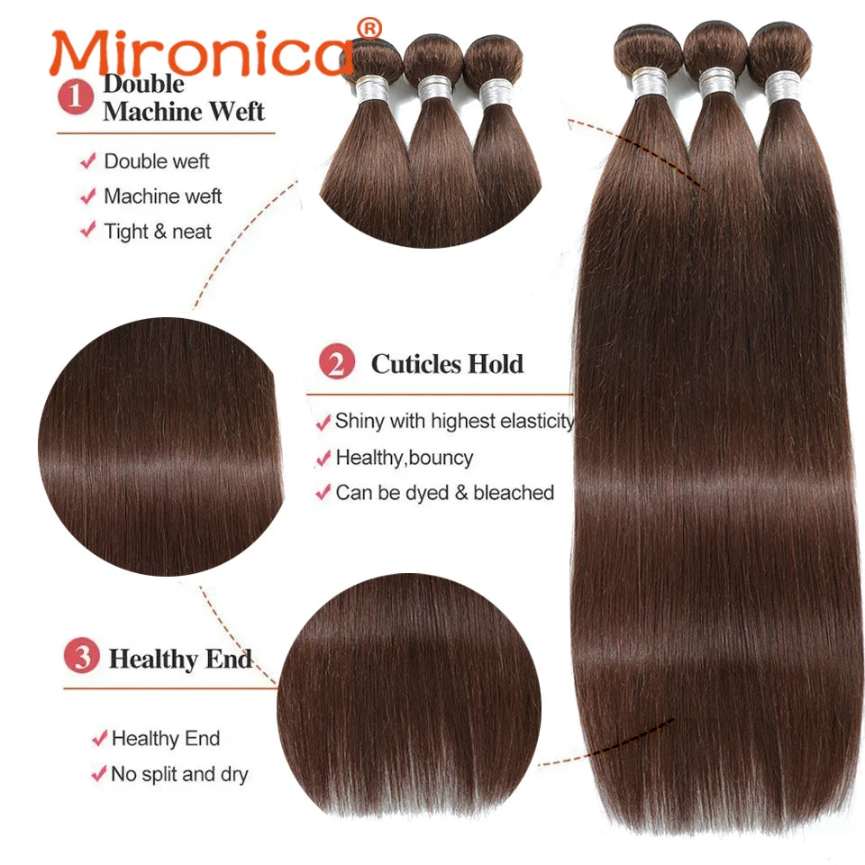 Extensions de cheveux humains Remy, brun chocolat lisse, longueur 1/3/4, 100 g/pièce