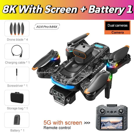Véritable quadricoptère RC pliable A14 Pro Max GPS Brushless 8K avec trois caméras, détection d'obstacles et écran, pour une portée optimale.