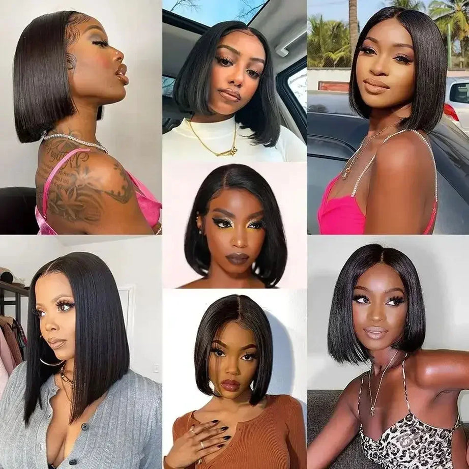 Perruque courte et lisse 13x4 avec lace front transparente 4x4, densité 200%, 100% cheveux humains, pré-épilée, pour femmes noires, 12 à 16 pouces.
