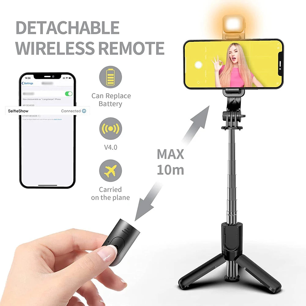 Perche à selfie sans fil Bluetooth avec trépied pliable et portable, éclairage d'appoint et télécommande pour smartphones Android et iPhone.