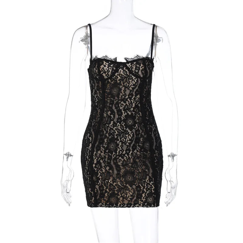Robe mini moulante à bretelles en dentelle Dulzura été 2024 pour femme, style streetwear sexy, idéale pour les soirées et les clubs. Livraison directe. Vêtements style années 2000.