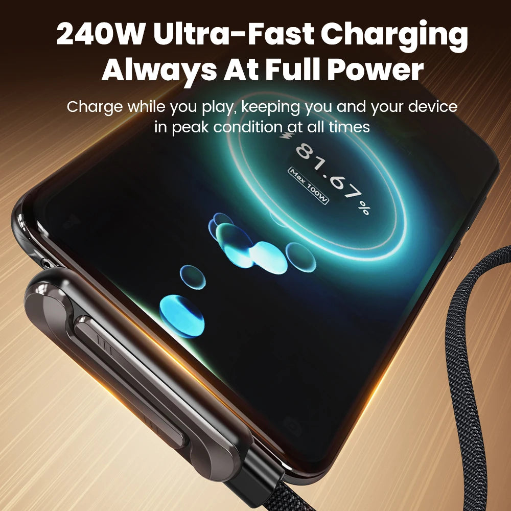 240W 2 in 1 Dual Type-C Super Fast Charging Bracket Charger Cable USB C to USB C for iPhone 17 16 15 Huawei