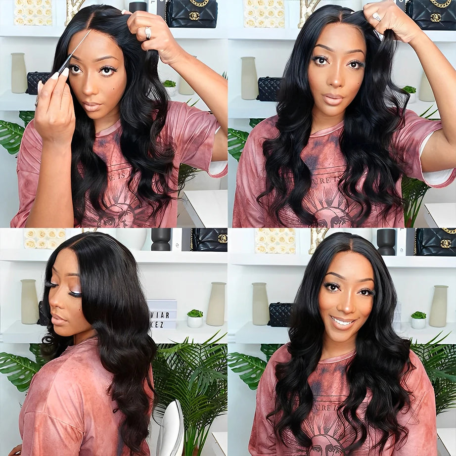 Perruque sans colle, densité 250, cheveux humains pré-épilés, ondulés, avec lace front pour femmes, fermeture en dentelle prédécoupée 4x4.
