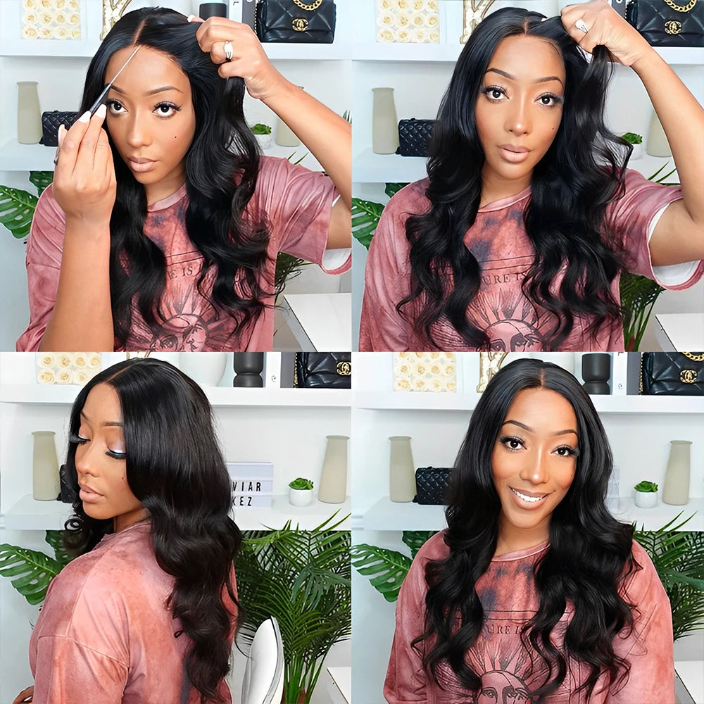 Perruque sans colle, densité 250, cheveux humains pré-épilés, ondulés, avec lace front pour femmes, fermeture en dentelle prédécoupée 4x4.