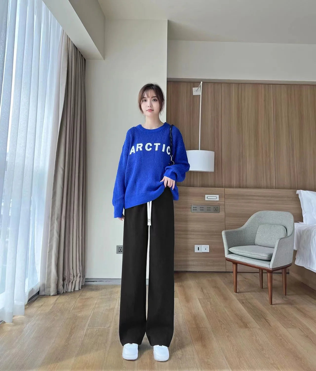 Pantalon polaire femme jambes larges, pantalon long d'hiver taille haute, coupe ample et décontractée