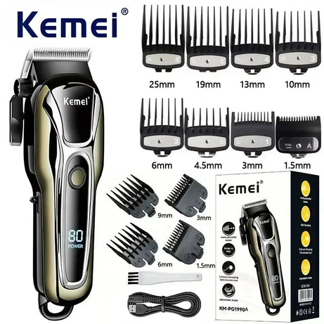 Tondeuse à cheveux rechargeable Kemei PG1990A avec peignes de guidage, professionnelle et sans fil, pour hommes. Appareil de coupe de cheveux pour hommes.